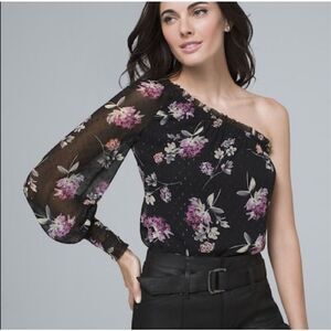 ✨white house black market one shoulder asymt smocked black plum Sz xs blouse✨